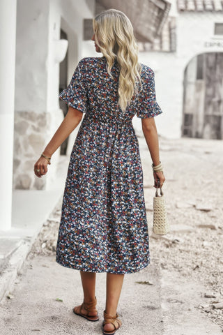 Boho Floral Ruffle Hem V Neck Short Sleeve Dress - Wear Arielle