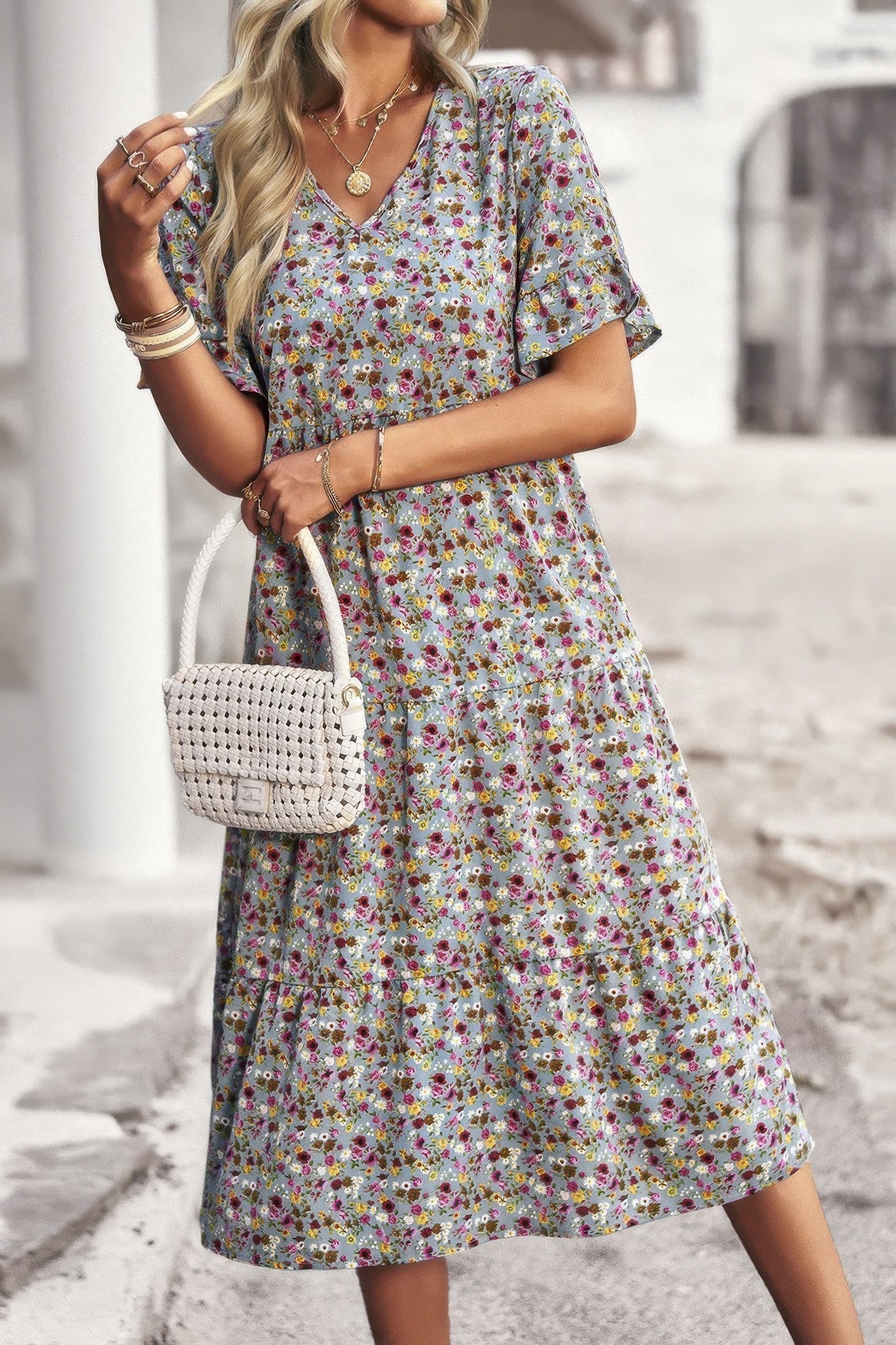 Boho Floral Ruffle Hem V Neck Short Sleeve Dress - Wear Arielle