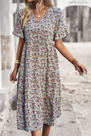 Boho Floral Ruffle Hem V Neck Short Sleeve Dress - Wear Arielle