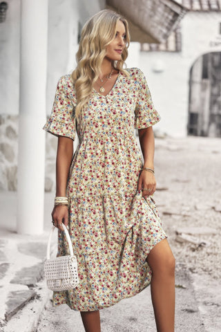 Boho Floral Ruffle Hem V Neck Short Sleeve Dress - Wear Arielle