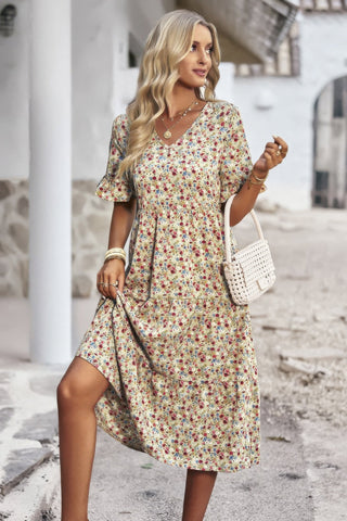 Boho Floral Ruffle Hem V Neck Short Sleeve Dress - Wear Arielle