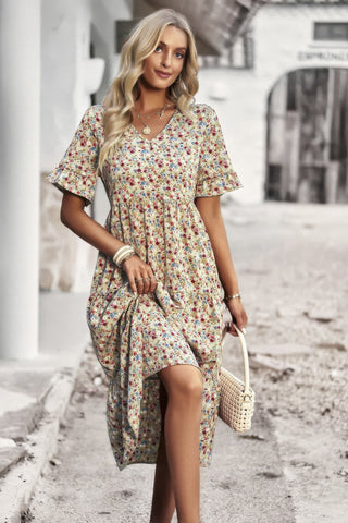 Boho Floral Ruffle Hem V Neck Short Sleeve Dress - Wear Arielle