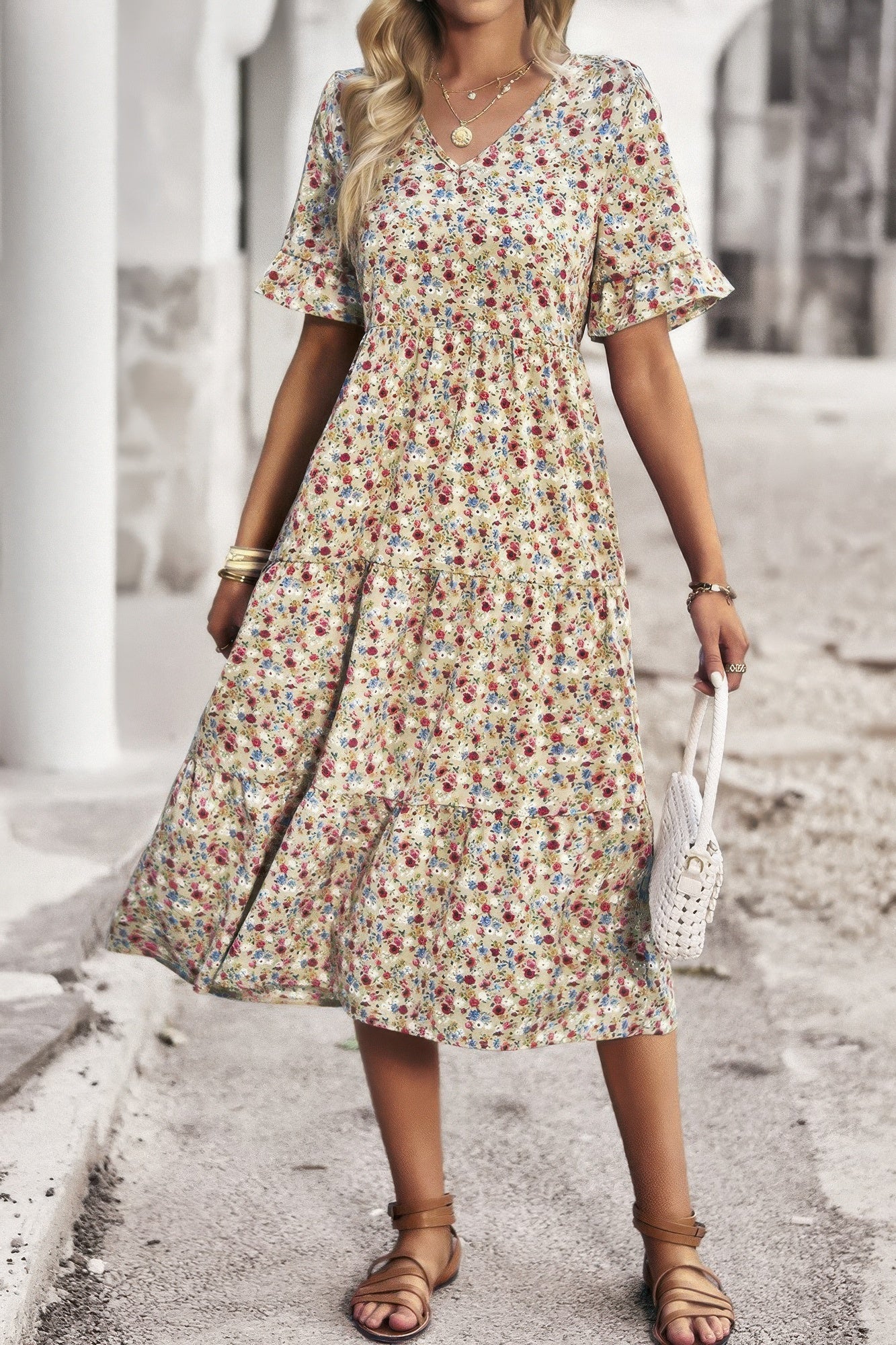 Boho Floral Ruffle Hem V Neck Short Sleeve Dress - Wear Arielle