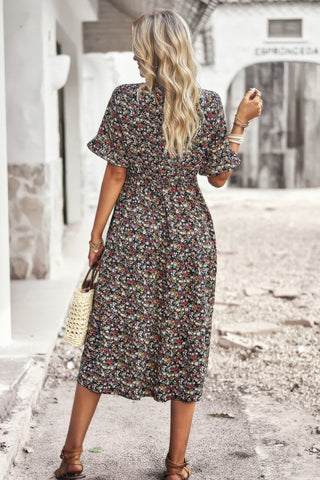 Boho Floral Ruffle Hem V Neck Short Sleeve Dress - Wear Arielle