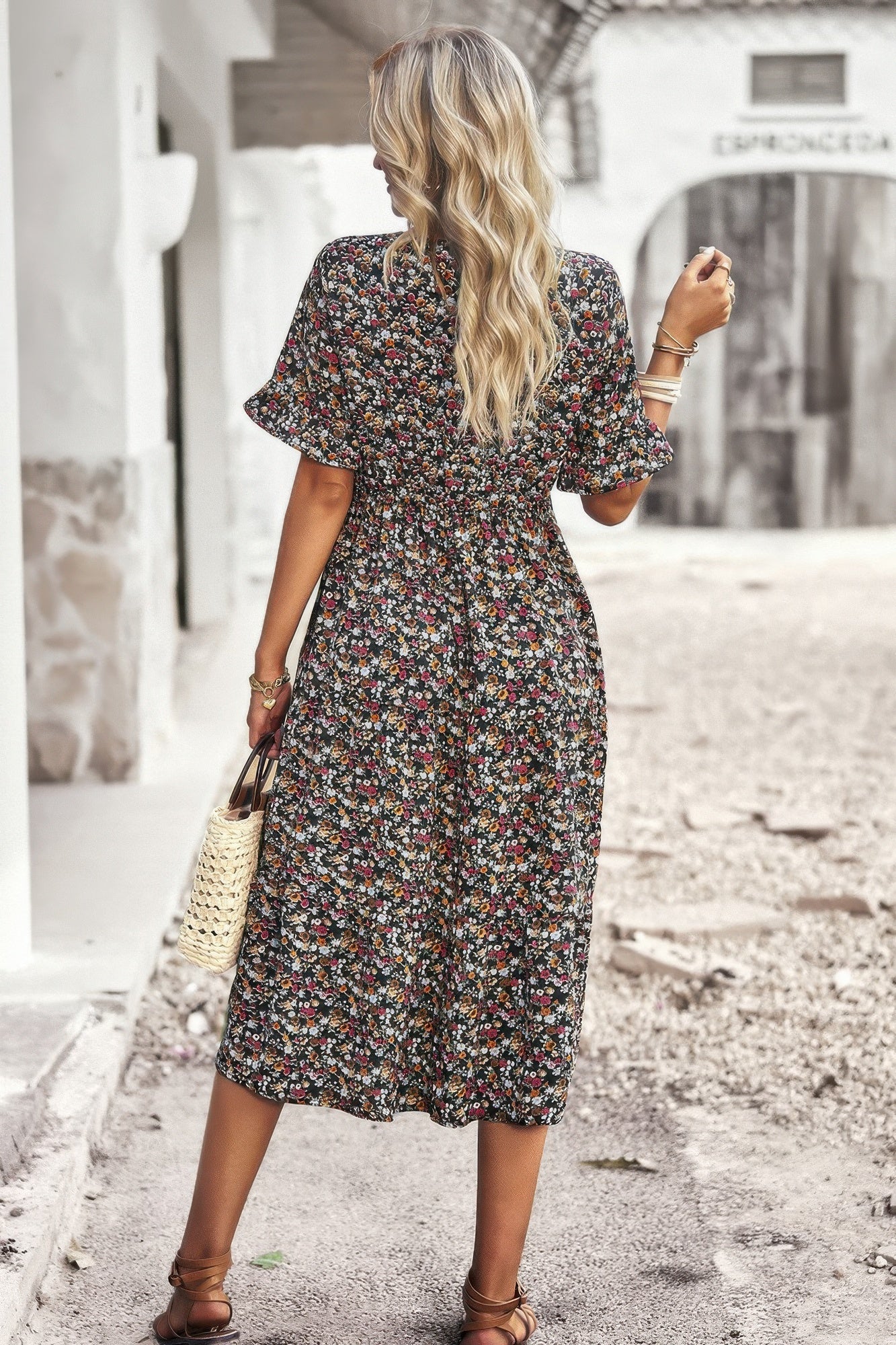 Boho Floral Ruffle Hem V Neck Short Sleeve Dress - Wear Arielle
