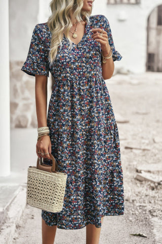 Boho Floral Ruffle Hem V Neck Short Sleeve Dress - Wear Arielle