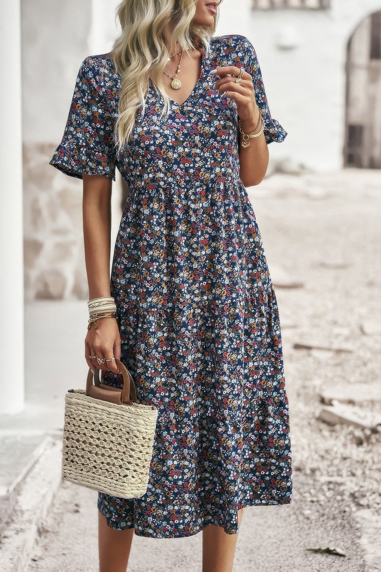 Boho Floral Ruffle Hem V Neck Short Sleeve Dress - Wear Arielle