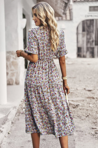 Boho Floral Ruffle Hem V Neck Short Sleeve Dress - Wear Arielle