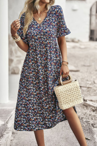 Boho Floral Ruffle Hem V Neck Short Sleeve Dress - Wear Arielle