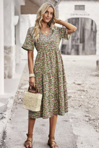 Boho Floral Ruffle Hem V Neck Short Sleeve Dress - Wear Arielle