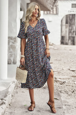 Boho Floral Ruffle Hem V Neck Short Sleeve Dress - Wear Arielle
