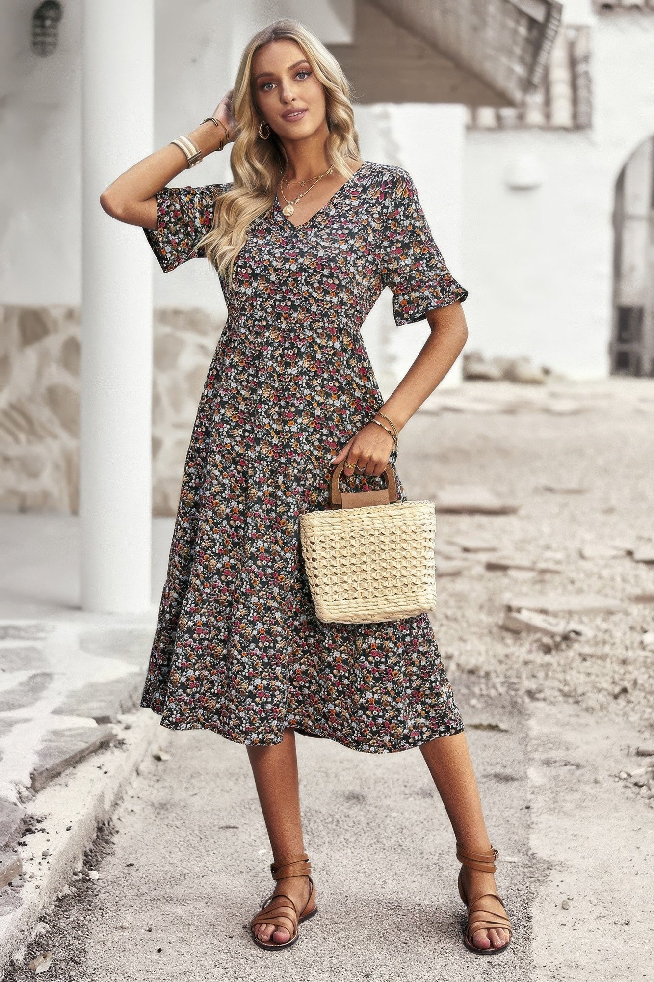 Boho Floral Ruffle Hem V Neck Short Sleeve Dress - Wear Arielle