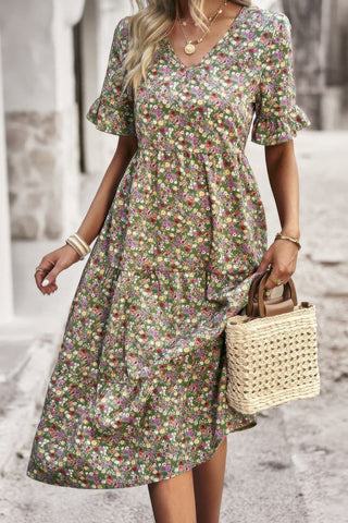 Boho Floral Ruffle Hem V Neck Short Sleeve Dress - Wear Arielle