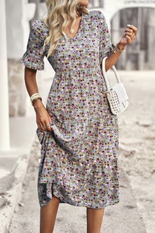 Boho Floral Ruffle Hem V Neck Short Sleeve Dress - Wear Arielle
