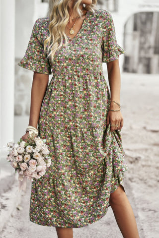 Boho Floral Ruffle Hem V Neck Short Sleeve Dress - Wear Arielle