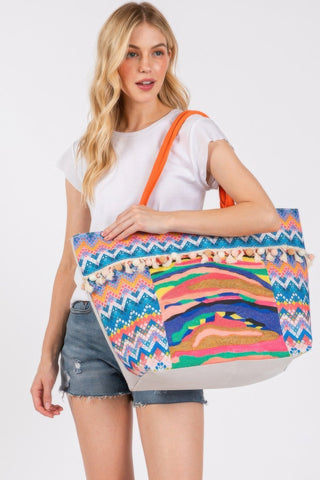 Boho Print Pom Pom Fringe Tote Bag - Wear Arielle