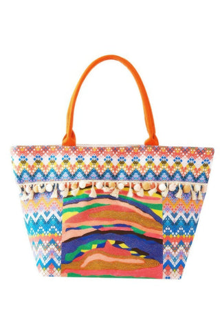 Boho Print Pom Pom Fringe Tote Bag - Wear Arielle