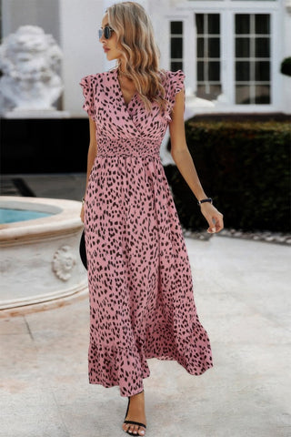 Boho V Neck Wrap Ruffled A Line Long Dress - Wear Arielle