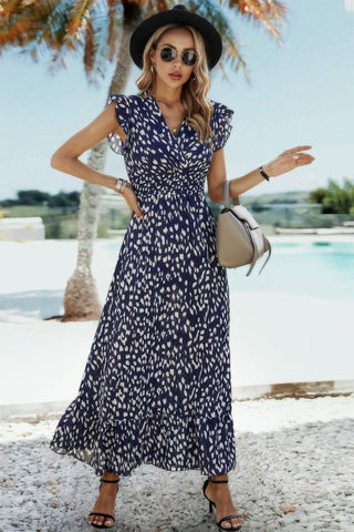Boho V Neck Wrap Ruffled A Line Long Dress - Wear Arielle