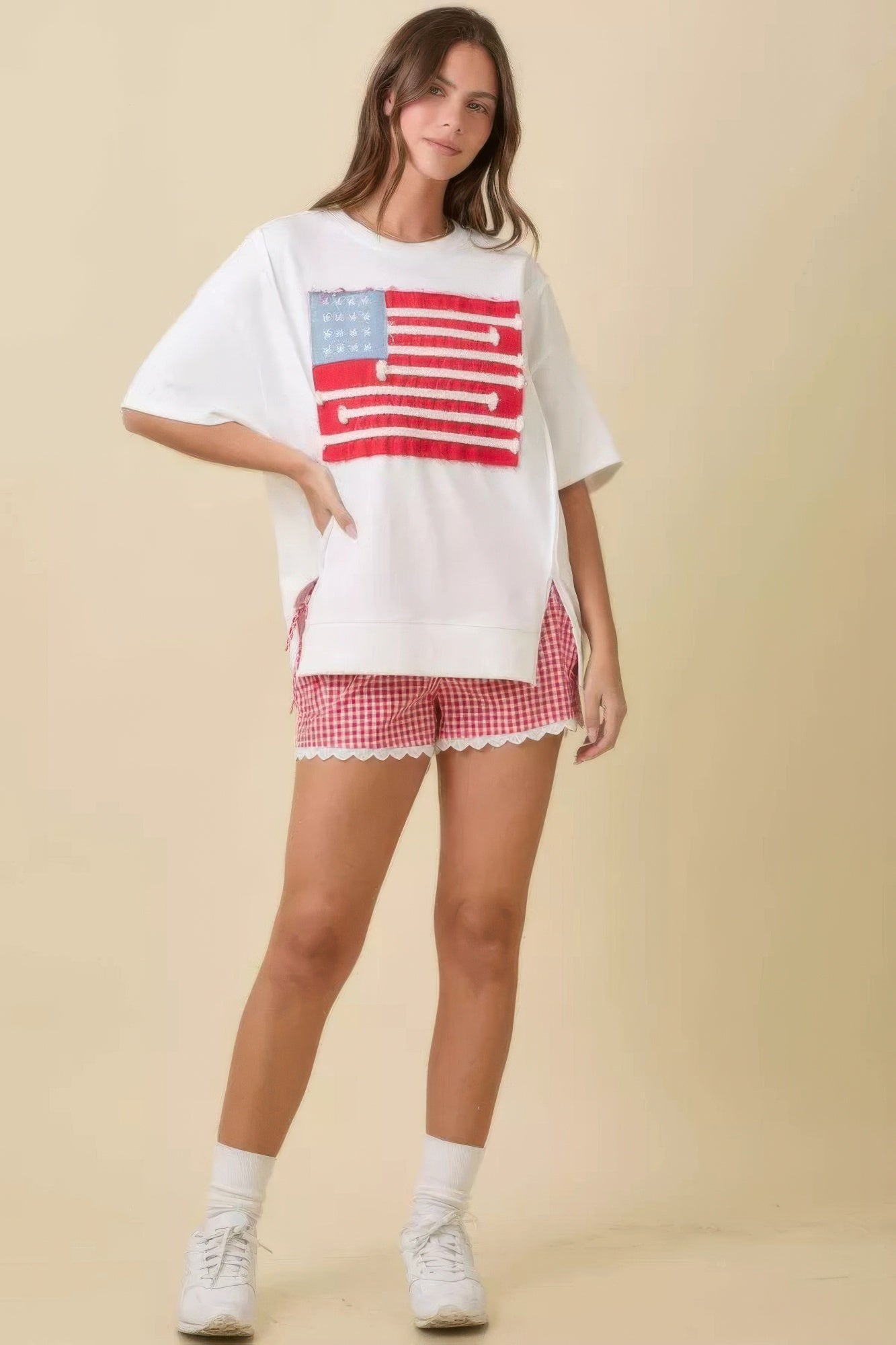 Boxy Wide Top With American Flag Patchwork - Wear Arielle