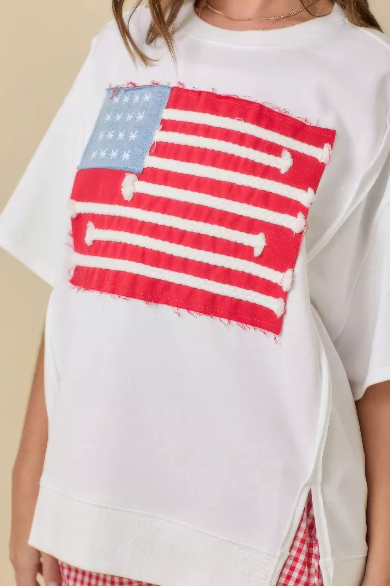Boxy Wide Top With American Flag Patchwork - Wear Arielle