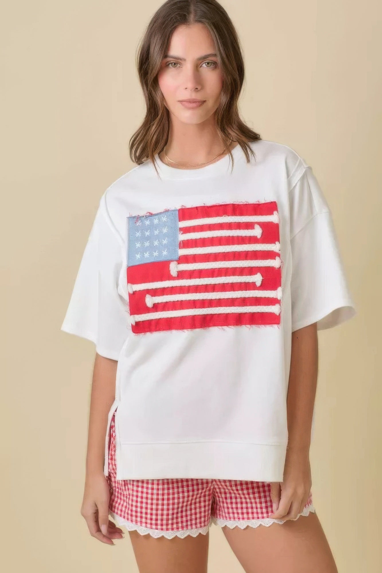 Boxy Wide Top With American Flag Patchwork - Wear Arielle