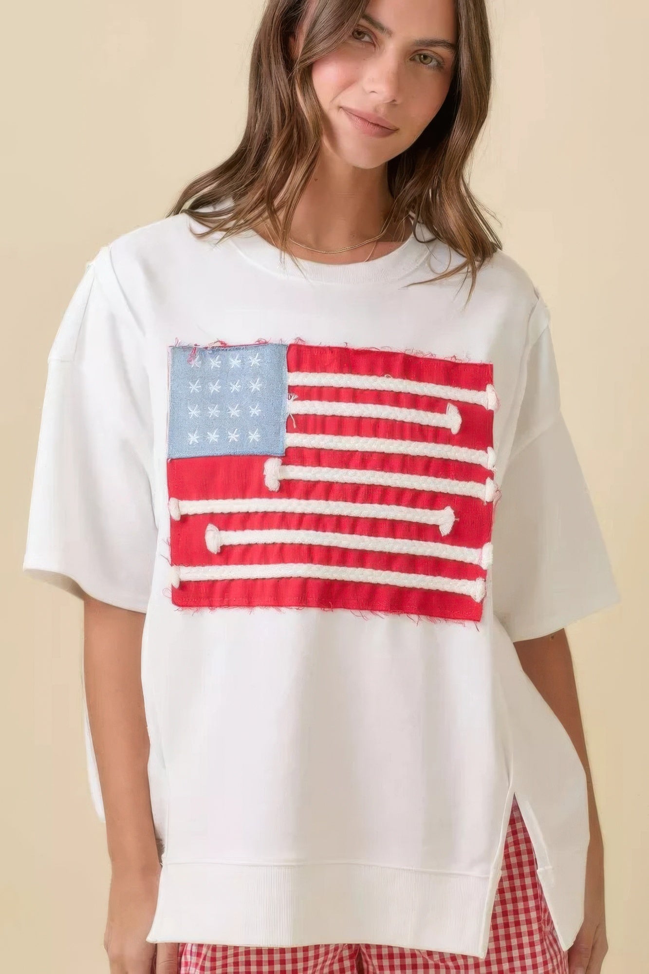 Boxy Wide Top With American Flag Patchwork - Wear Arielle