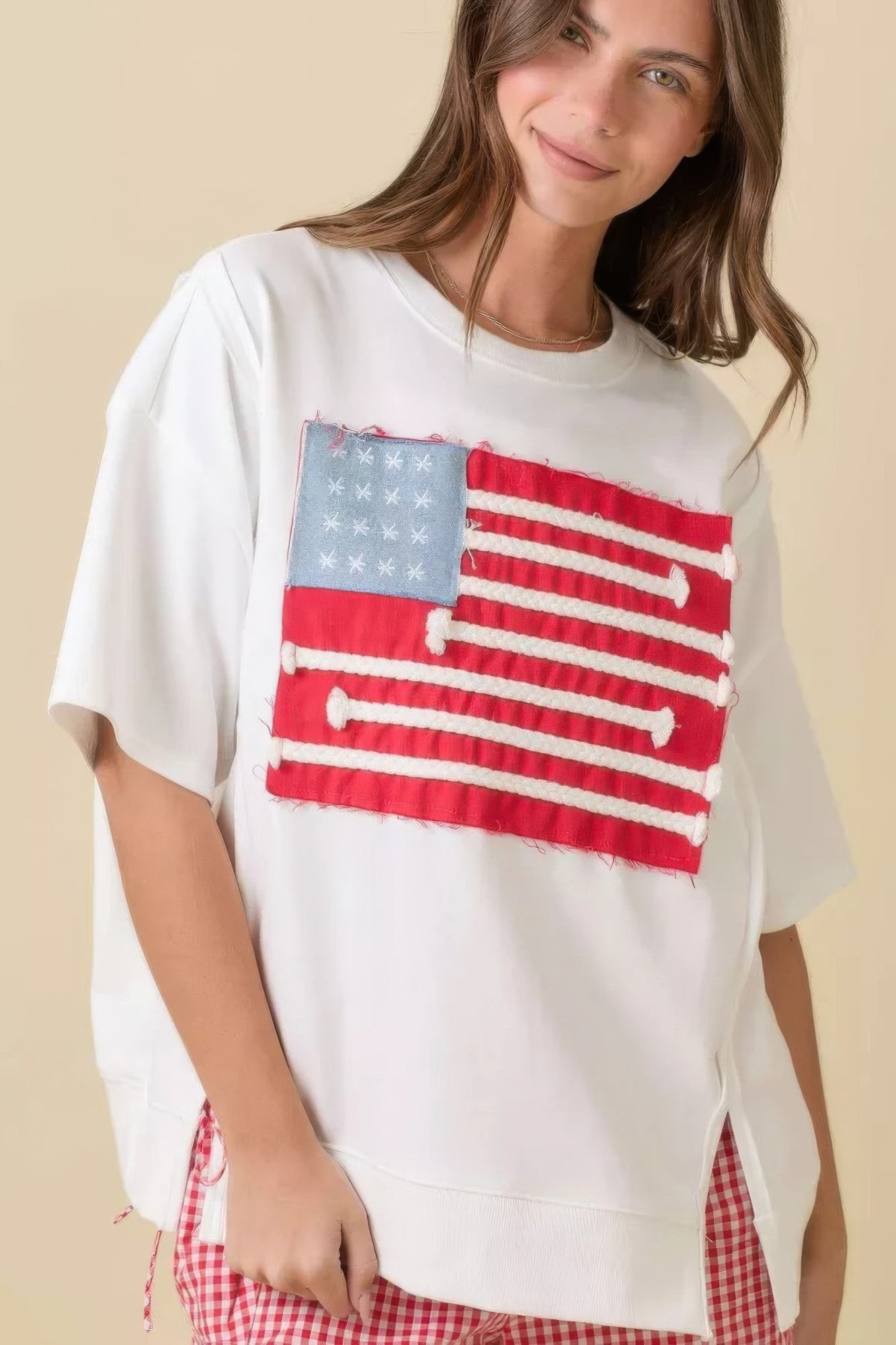 Boxy Wide Top With American Flag Patchwork - Wear Arielle