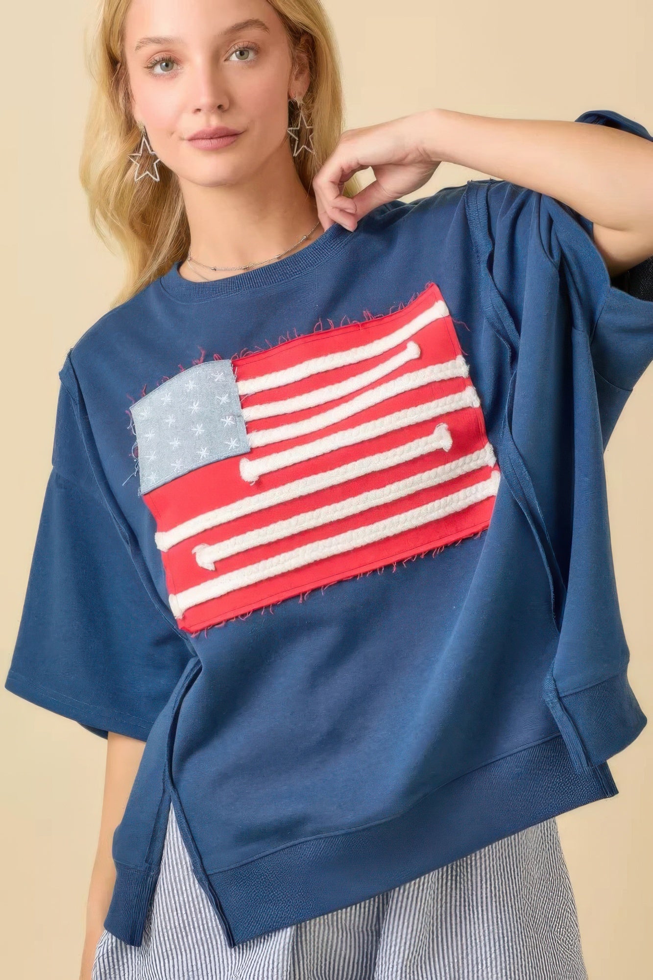 Boxy Wide Top With American Flag Patchwork - Wear Arielle