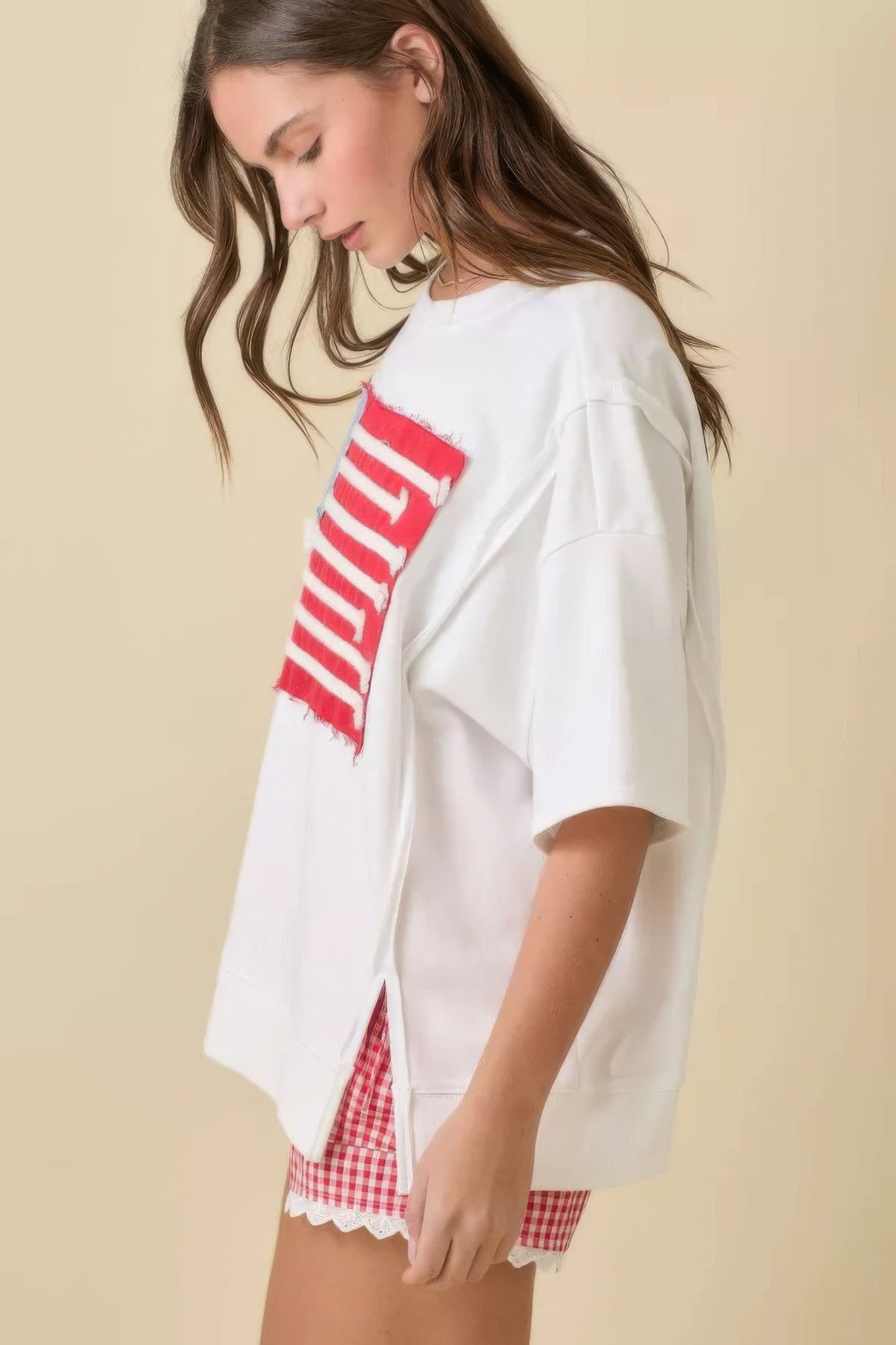 Boxy Wide Top With American Flag Patchwork - Wear Arielle