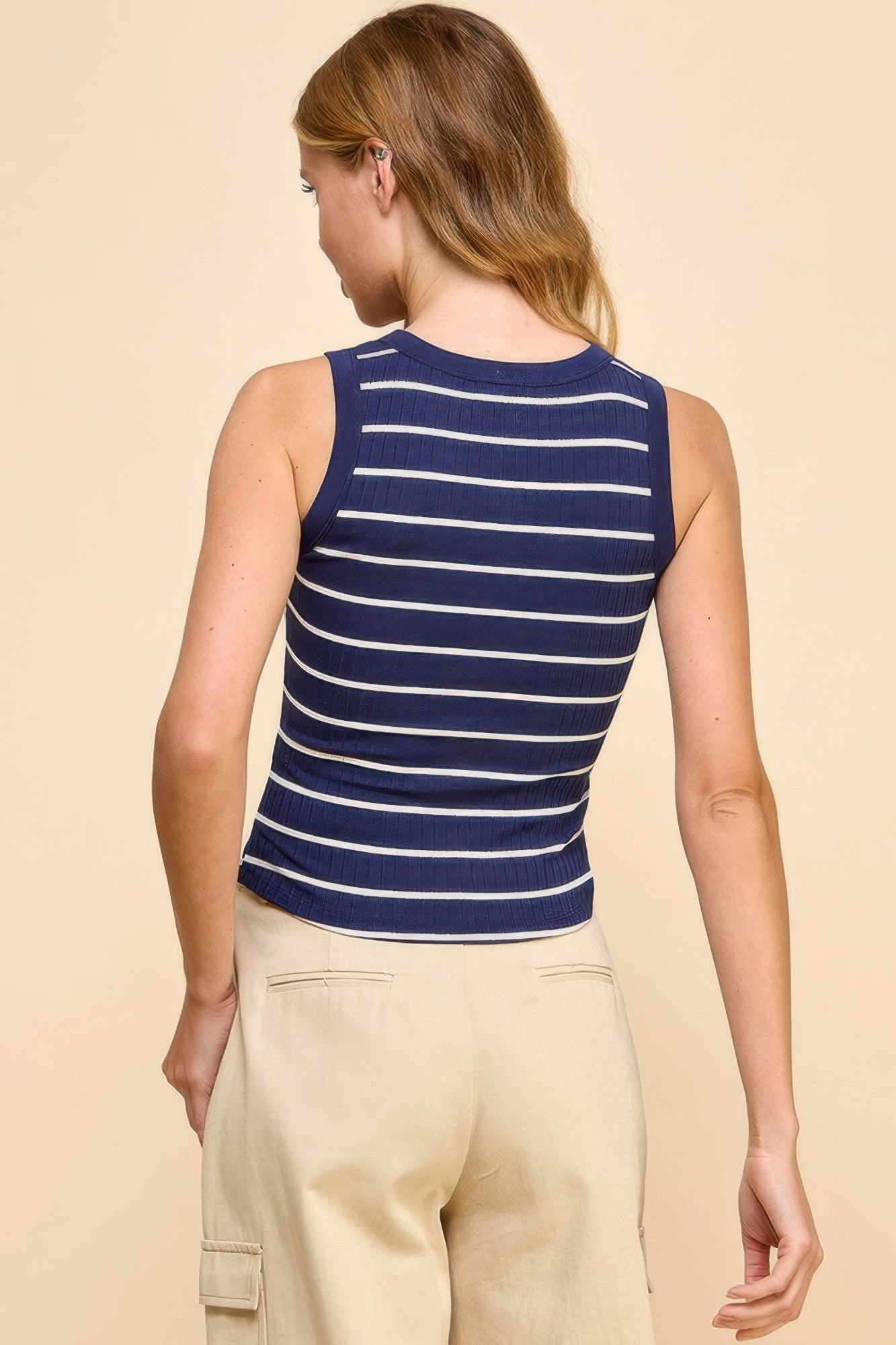 Button Detail Contrast Binding Stripe Tank Top - Wear Arielle