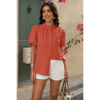 Button Down Lantern Puff Short Sleeve V Neck Top - Wear Arielle