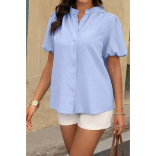 Button Down Lantern Puff Short Sleeve V Neck Top - Wear Arielle