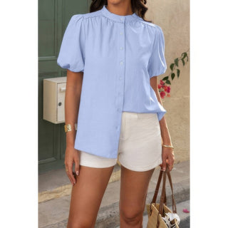 Button Down Lantern Puff Short Sleeve V Neck Top - Wear Arielle