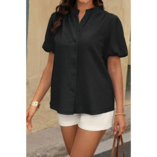 Button Down Lantern Puff Short Sleeve V Neck Top - Wear Arielle