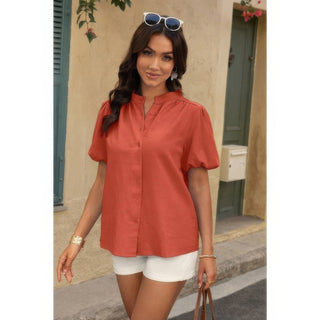 Button Down Lantern Puff Short Sleeve V Neck Top - Wear Arielle