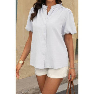Button Down Lantern Puff Short Sleeve V Neck Top - Wear Arielle