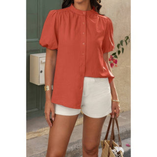 Button Down Lantern Puff Short Sleeve V Neck Top - Wear Arielle