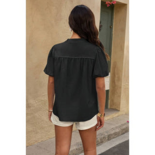 Button Down Lantern Puff Short Sleeve V Neck Top - Wear Arielle