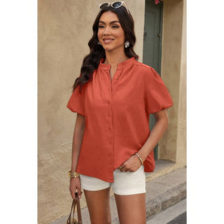 Button Down Lantern Puff Short Sleeve V Neck Top - Wear Arielle