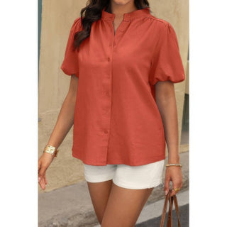 Button Down Lantern Puff Short Sleeve V Neck Top - Wear Arielle