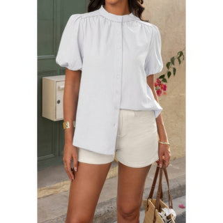Button Down Lantern Puff Short Sleeve V Neck Top - Wear Arielle