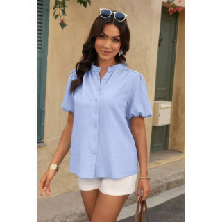 Button Down Lantern Puff Short Sleeve V Neck Top - Wear Arielle