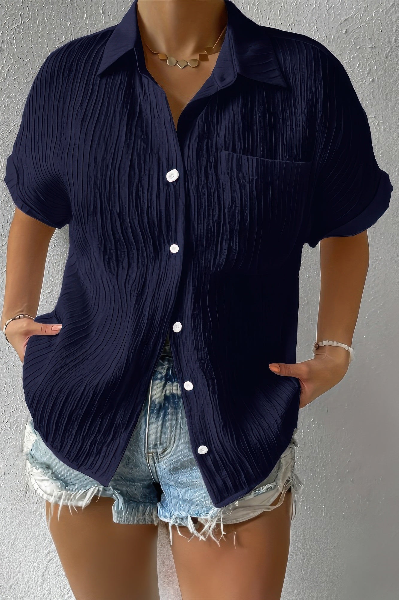 Button Down Lapel Pockets Loose Solid Shirt - Wear Arielle