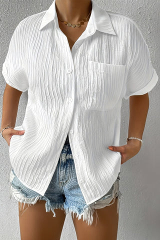 Button Down Lapel Pockets Loose Solid Shirt - Wear Arielle