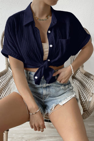 Button Down Lapel Pockets Loose Solid Shirt - Wear Arielle