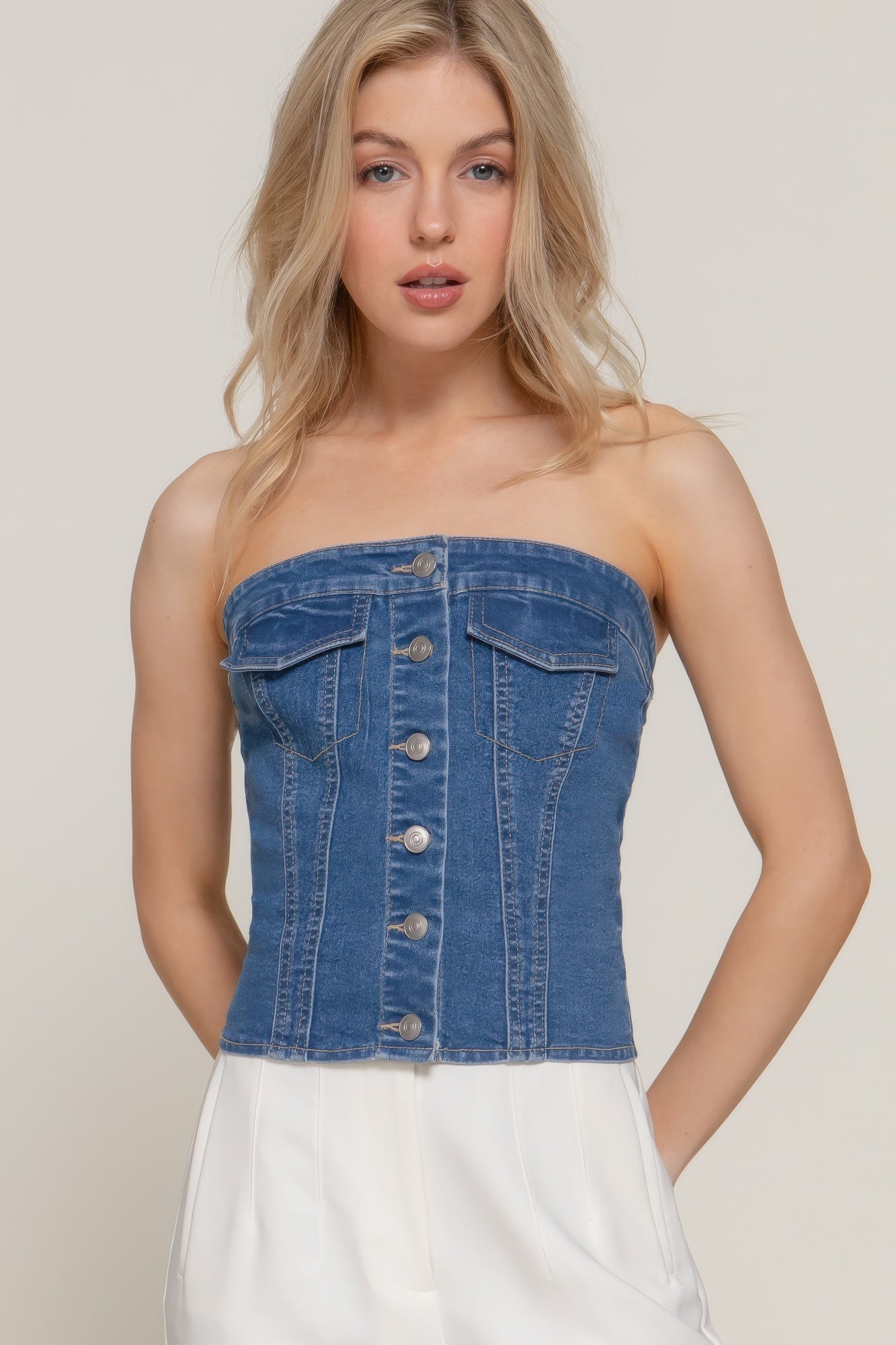 Button Down Placket Stretch Denim Tube Top - Wear Arielle