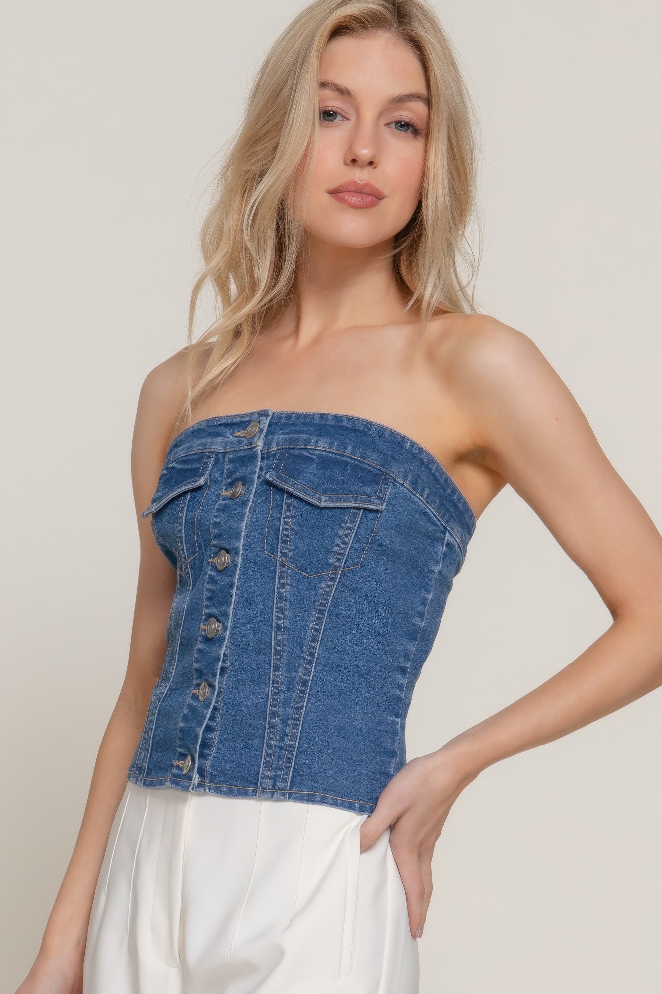 Button Down Placket Stretch Denim Tube Top - Wear Arielle
