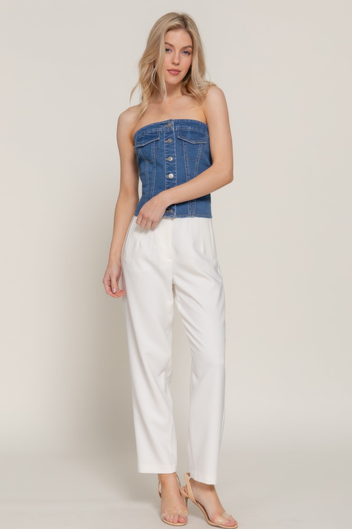 Button Down Placket Stretch Denim Tube Top - Wear Arielle