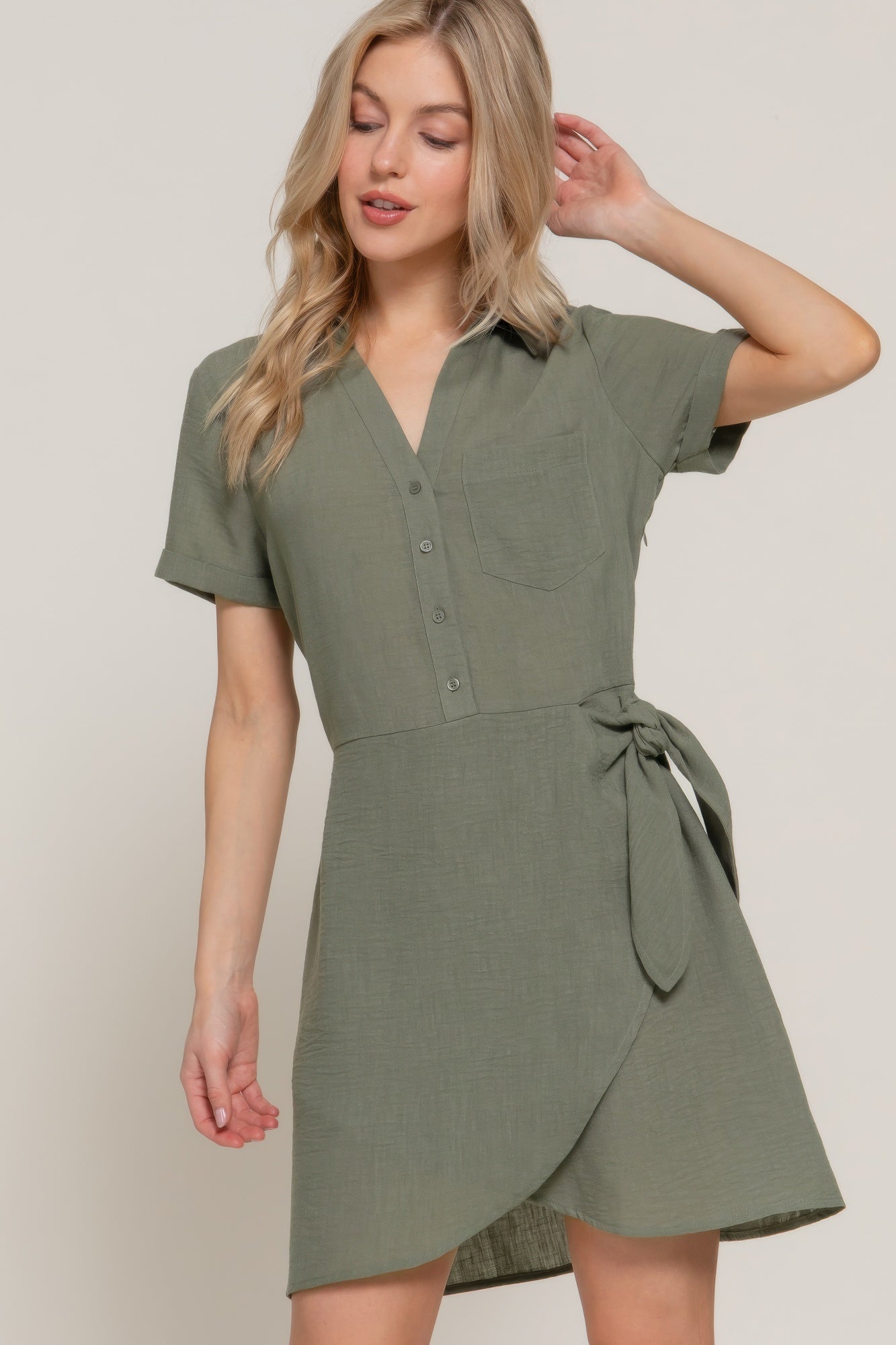 Button Down Side Bow Linen Effect Mini Dress - Wear Arielle